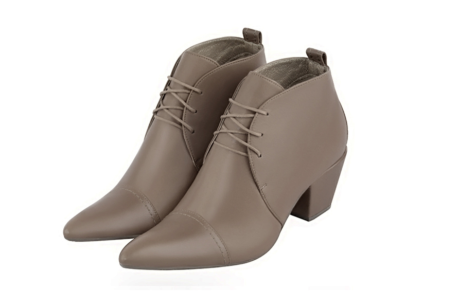 Women's bronze beige elegant ankle boots, with laces at the front. Tapered toe. Medium cone heels - Front view